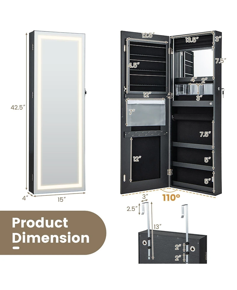 Sugift 42.5 Inches Lockable Jewelry Mirror Wall Cabinet with 3-Color Led Lights