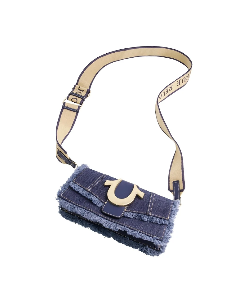 True Religion Frayed Denim Flap Bag with Logo Strap