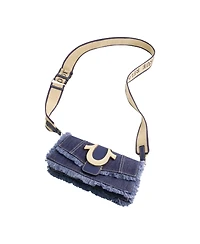 True Religion Frayed Denim Flap Bag with Logo Strap