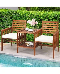 Gymax Acacia Wood Loveseat Patio Outdoor Conversation Set w/ Table Cushion