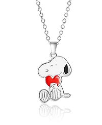 Peanuts Snoopy Silver Plated Holding Heart Pendant, 16+2" Chain