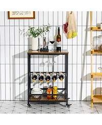 Sugift Kitchen Bar Cart Serving Trolley on Wheels with Wine Rack Glass Holder