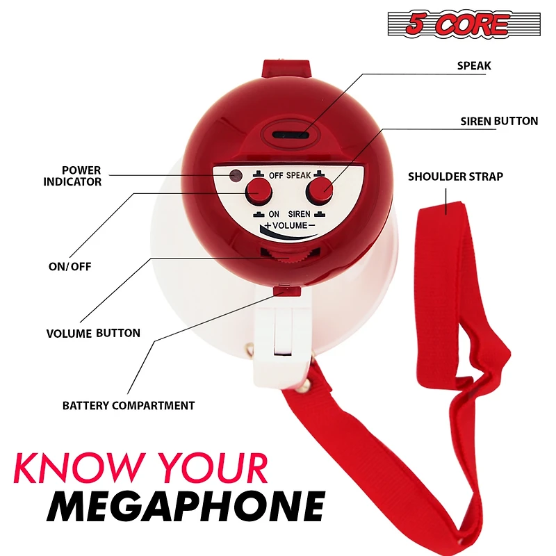 5 Core Megaphone Speaker Kids Mini Bull Horn 15W, Multi-Function w/ Recording, Siren, Volume Control