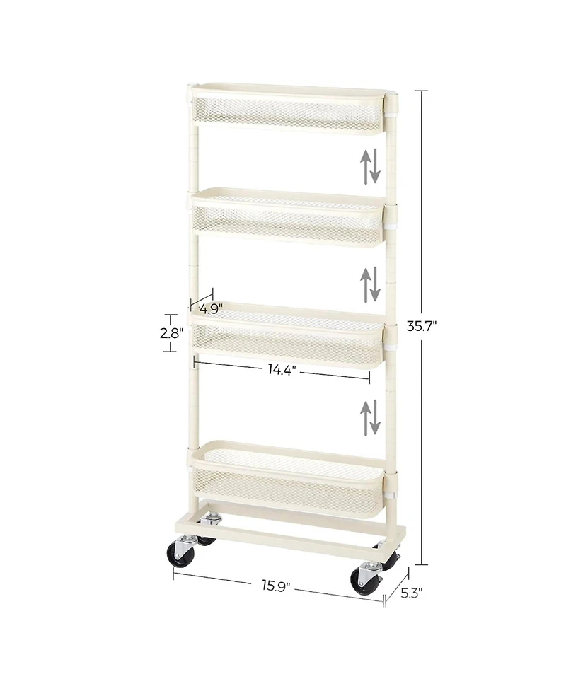 Slim Storage Cart, 4-tier Slide-out Trolley For Small Spaces, Bathroom, With Wire Baskets