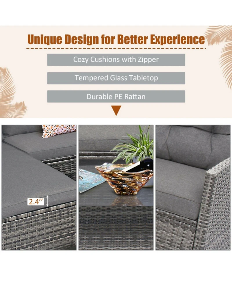 Sugift 4 Pieces Patio Rattan Furniture Set with Cushion and Table Shelf