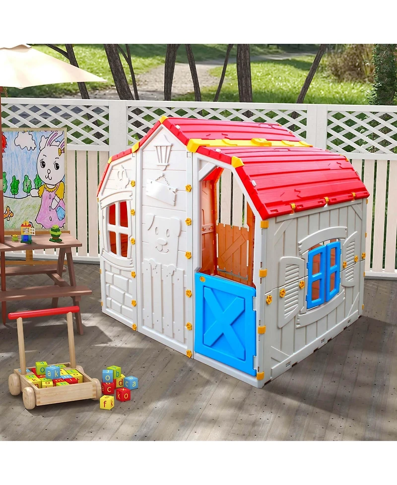 Costway Kids Playhouse Realistic Cottage Playhouse with Openable Windows & Working Door