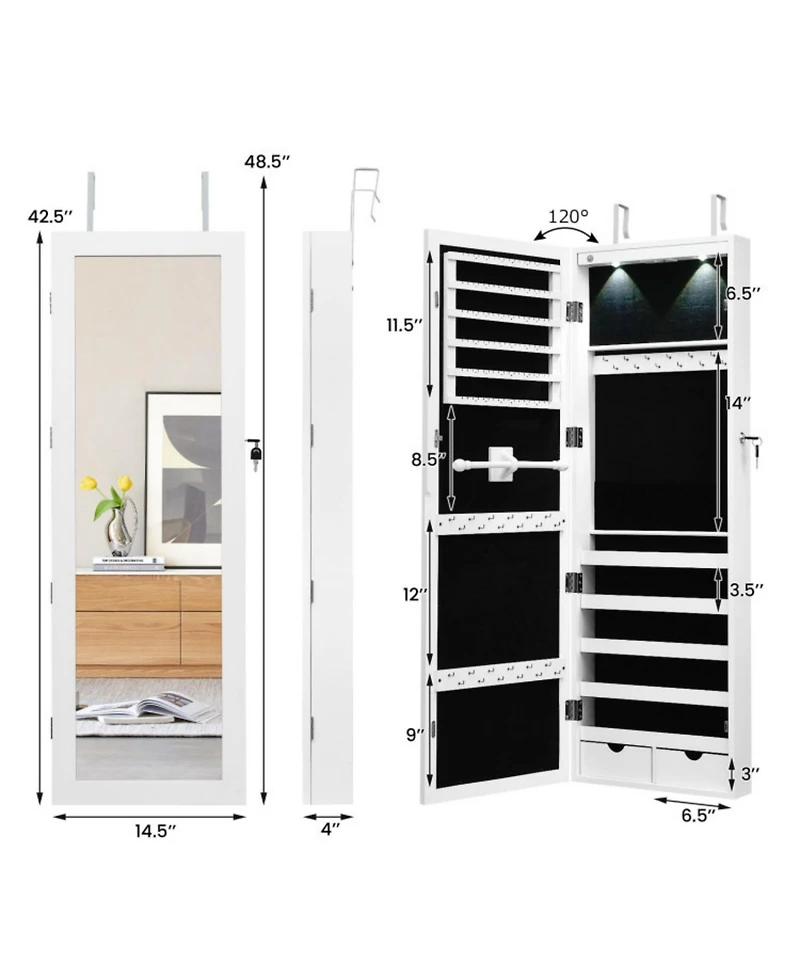 Sugift Lockable Wall Mount Mirrored Jewelry Cabinet with Led Lights
