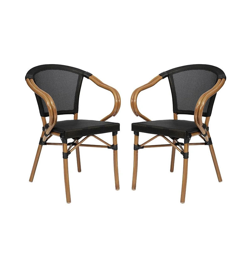 Merrick Lane Mael Set Of Two Stacking Thonet Bistro Style Chair With Arms, Textilene Seat, And Bamboo Finished Metal Frame For Indoor/Outdoor Use