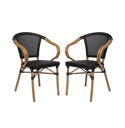 Merrick Lane Mael Set Of Two Stacking Thonet Bistro Style Chair With Arms, Textilene Seat, And Bamboo Finished Metal Frame For Indoor/Outdoor Use
