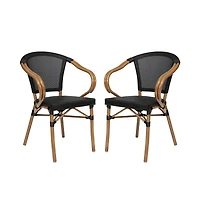 Merrick Lane Mael Set Of Two Stacking Thonet Bistro Style Chair With Arms, Textilene Seat, And Bamboo Finished Metal Frame For Indoor/Outdoor Use
