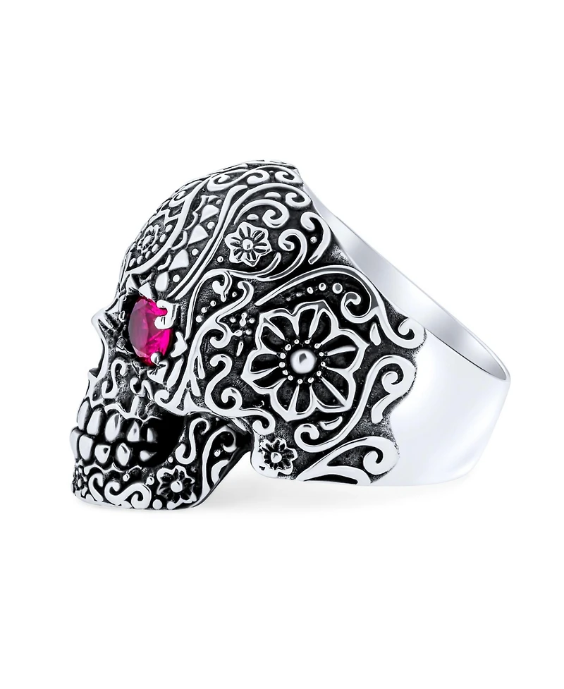 Bling Jewelry Large Biker Halloween Devil Demon Gothic Caribbean Pirate Red Cz Eyes Skull Head Signet Ring Oxidized Sterling Silver
