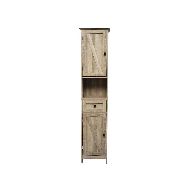 Merrick Lane Delilah Slim Linen Tower Organizer With Storage Drawer, Upper And Lower Cabinets Magnetic Closure Doors Open Shelf