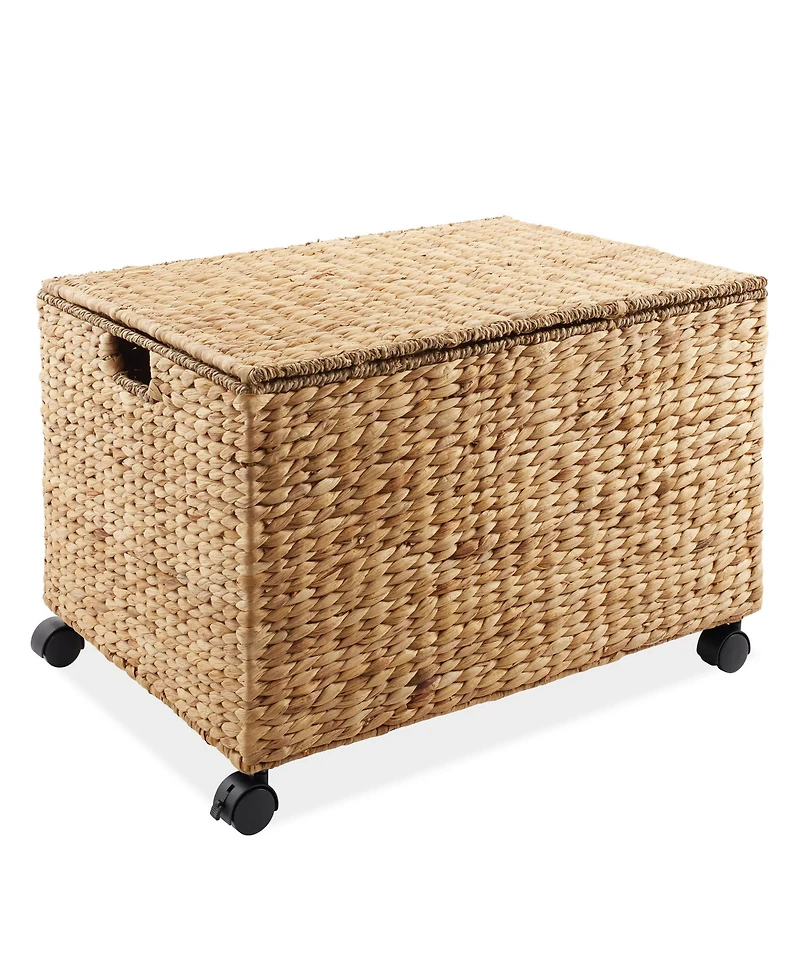 Casafield Rolling Storage Basket Cart with Lid and Wheels, Natural - Woven Water Hyacinth Divided Sorting Bin for Kitchen, Pantry, Laundry, Garage