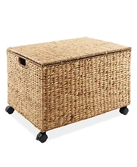 Casafield Rolling Storage Basket Cart with Lid and Wheels, Natural - Woven Water Hyacinth Divided Sorting Bin for Kitchen, Pantry, Laundry, Garage