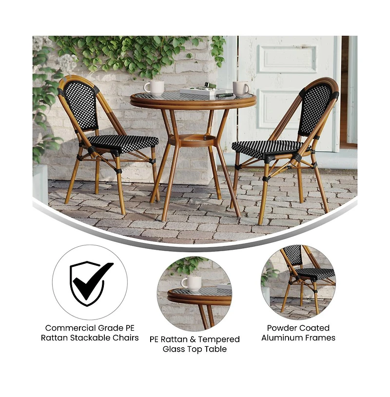 Merrick Lane Sacha Bistro Style Table With Glass Top, Pe Rattan, Stack Chairs