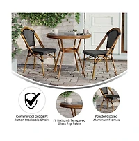 Merrick Lane Sacha Bistro Style Table With Glass Top, Pe Rattan, Stack Chairs