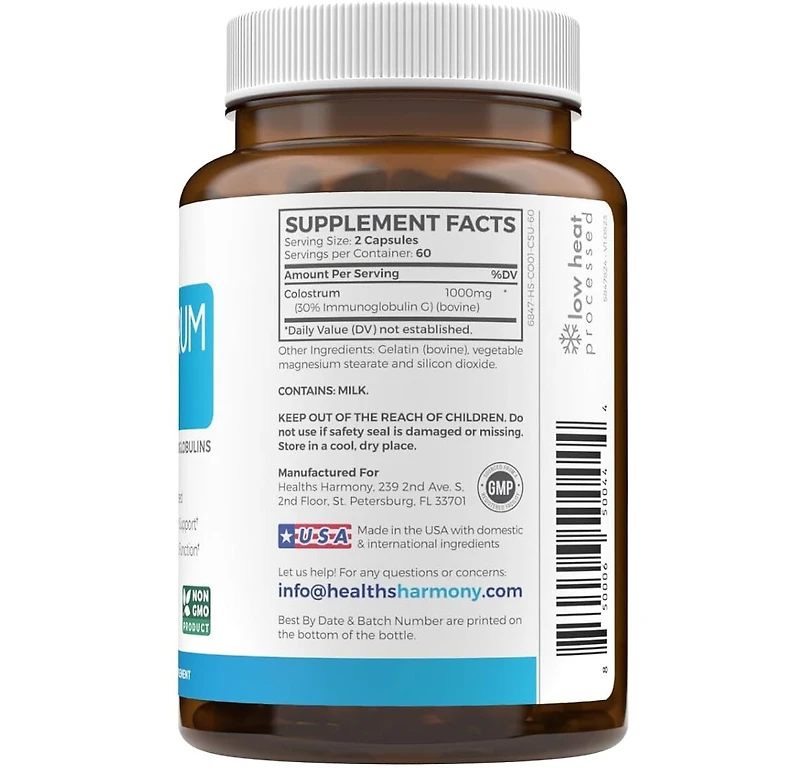 Healths Harmony Colostrum 1,000mg (Non-gmo) 30% IgG Immunoglobulins, Immune System, Gut & Respiratory Health Capsules, Bovine Colostrum, Health's Harm