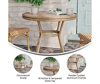 Colmar Indoor/Outdoor Bistro Style 31.5 In. Table With Pe Rattan, Glass Top, And Bamboo Finished Metal Frame