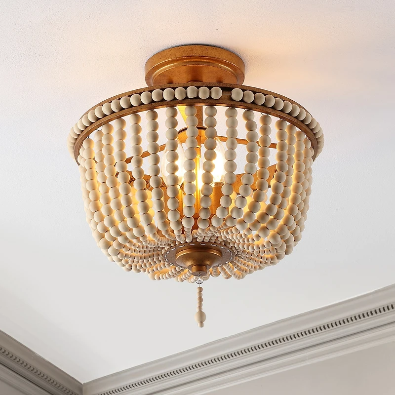 Jonathan Y Allie Wood Beaded/Metal Led Flush Mount Ceiling Light