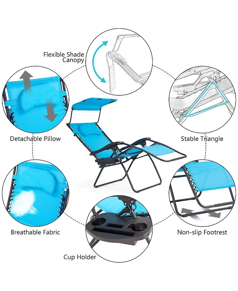 Inolait Sugift Folding Recliner Lounge Chair with Shade Canopy Cup Holder