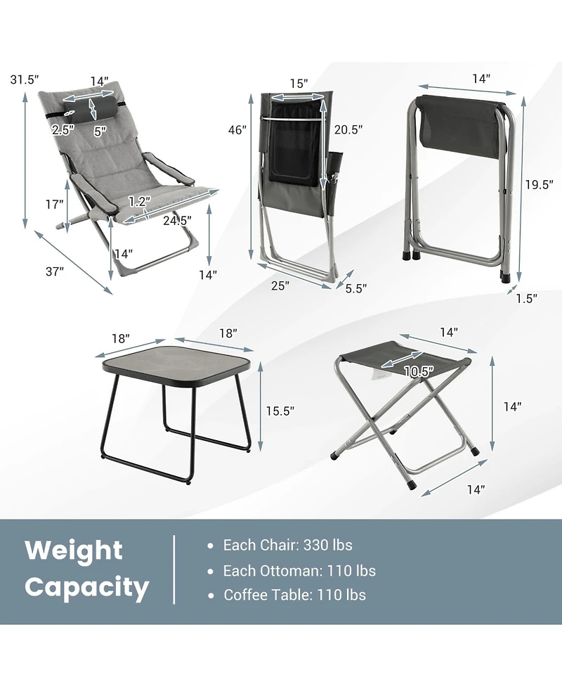 Inolait Sugift 5-Piece Patio Sling Chair Set Folding Lounge Chairs with Footrests and Coffee Table