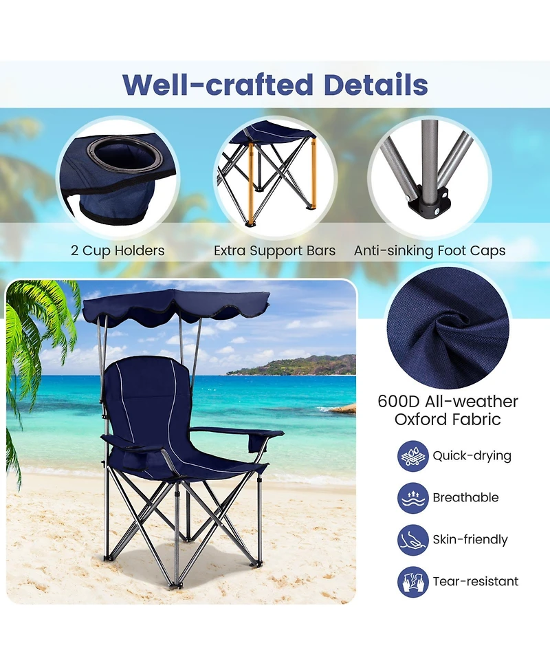 Sugift Portable Folding Beach Canopy Chair with Cup Holders