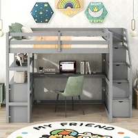 Simplie Fun Full Loft Bed With Desk And Shelves, Two Built-In Drawers, Storage Staircase, Gray