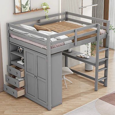 Streamdale Full White Loft Bed with Wardrobe, Desk, & Storage
