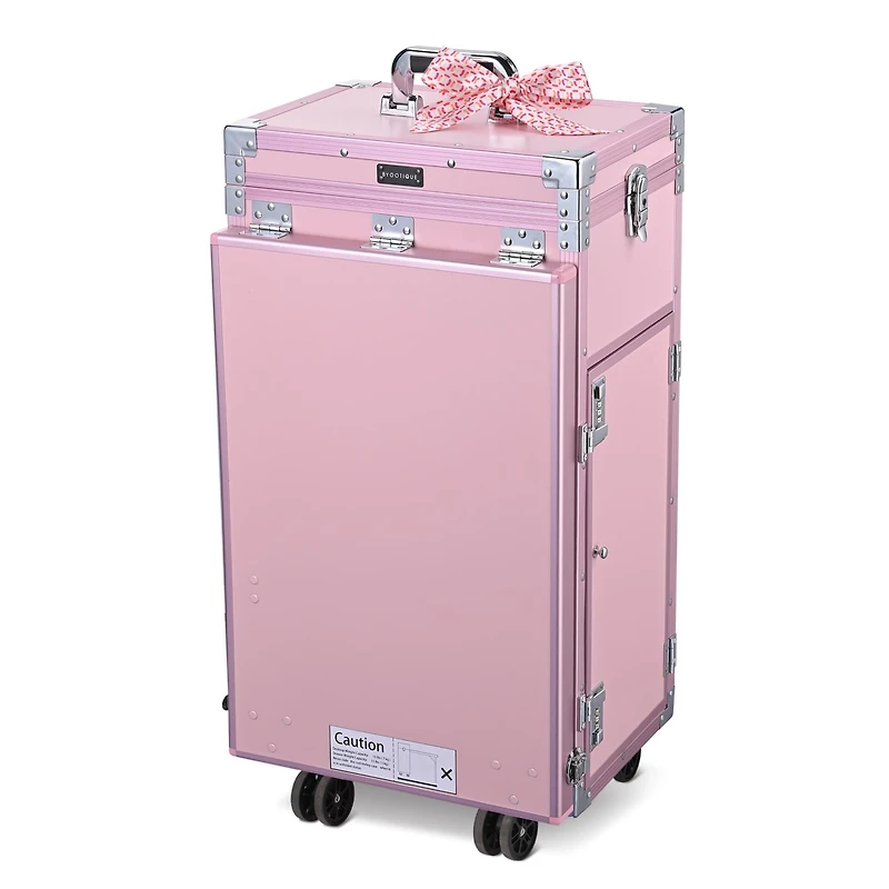 Byootique Aluminum Rolling Makeup Train Case with Table Salon Nail Trolley Cosmetic Organizer Black