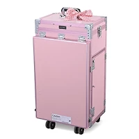Byootique Aluminum Rolling Makeup Train Case with Table Salon Nail Trolley Cosmetic Organizer Black