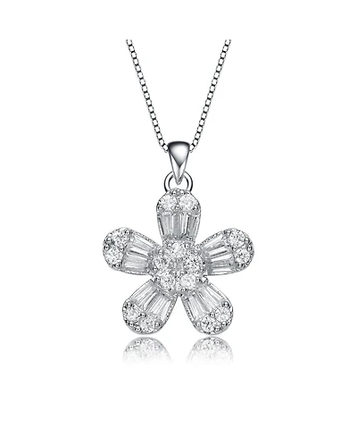 Sterling Silver with Gold Plated Multi Color Baguette Cubic Zirconia Flower Style Pendant Necklace