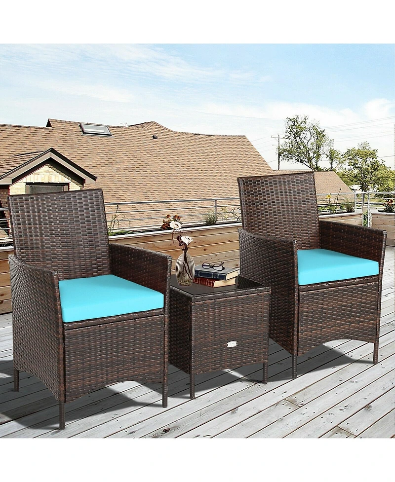 Sugift 3 Pieces Patio Cushioned Rattan Conversation Set With Glass Table Top