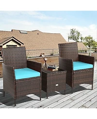 Sugift 3 Pieces Patio Cushioned Rattan Conversation Set With Glass Table Top
