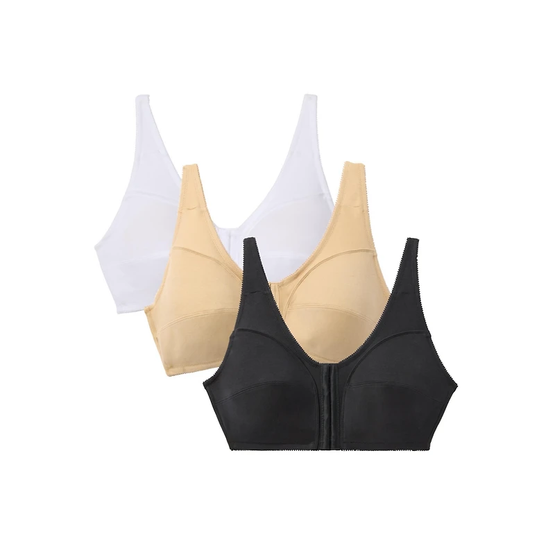 Comfort Choice Women's 3-Pack Front-Close Cotton Wireless Bra