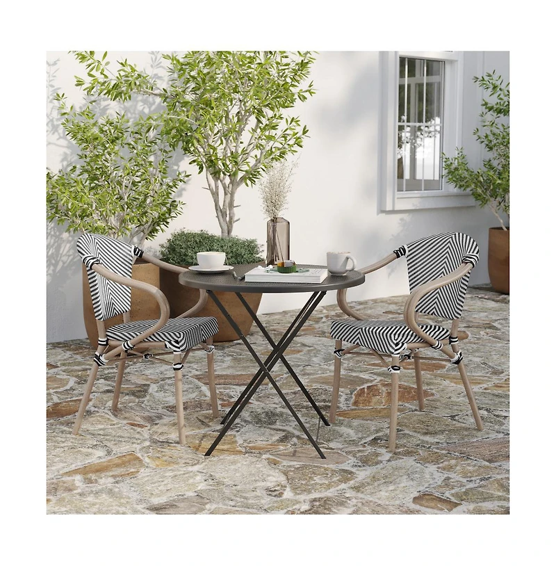 Merrick Lane Mael Set Of Two Stacking Thonet Bistro Style Chair With Arms, Textilene Seat, And Bamboo Finished Metal Frame For Indoor/Outdoor Use