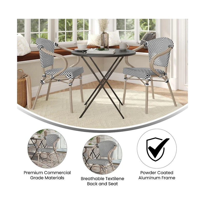 Merrick Lane Mael Set Of Two Stacking Thonet Bistro Style Chair With Arms, Textilene Seat, And Bamboo Finished Metal Frame For Indoor/Outdoor Use