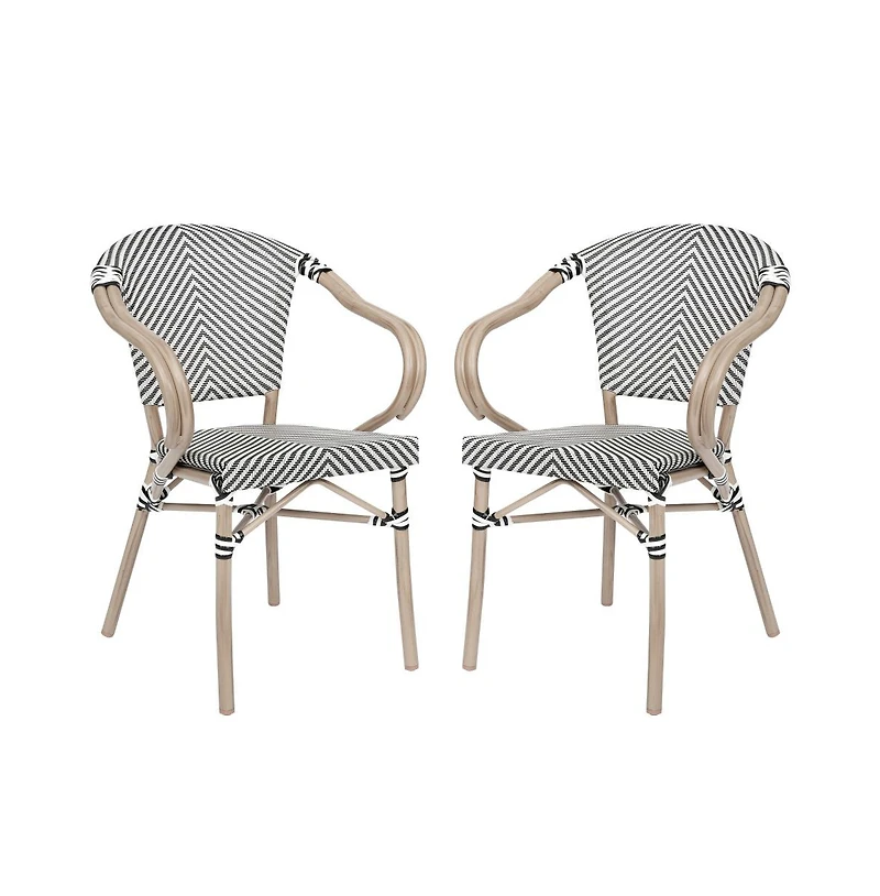 Merrick Lane Mael Set Of Two Stacking Thonet Bistro Style Chair With Arms, Textilene Seat, And Bamboo Finished Metal Frame For Indoor/Outdoor Use