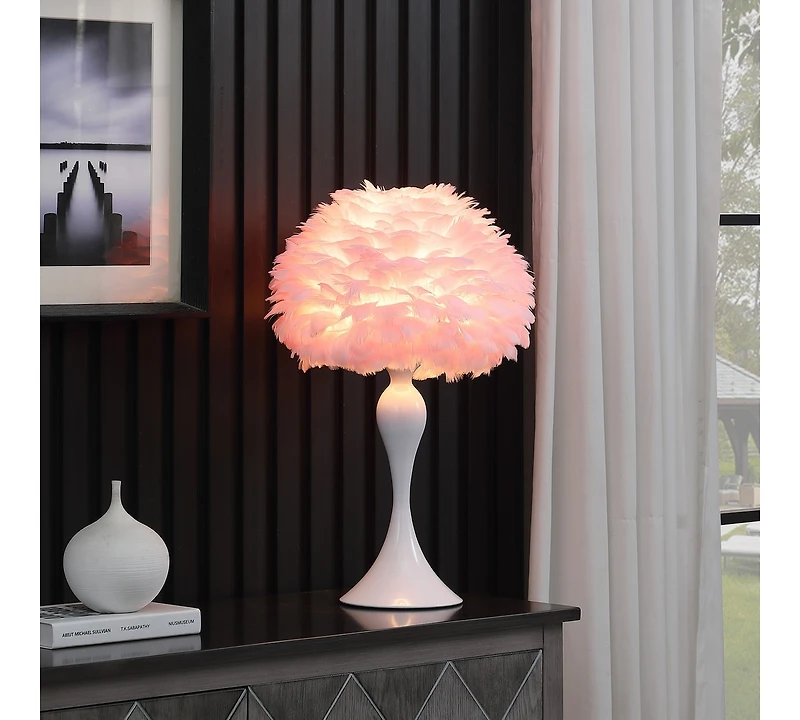 Streamdale 18.25"In Soft Pink Feather Aquina Crisp White Contour Glam Table Lamp