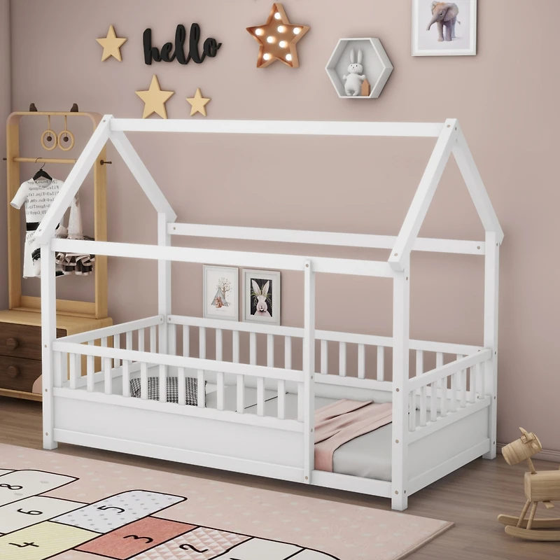 Simplie Fun Full Size Floor Wooden Bed With House Roof Frame, Fence Guardrails, White