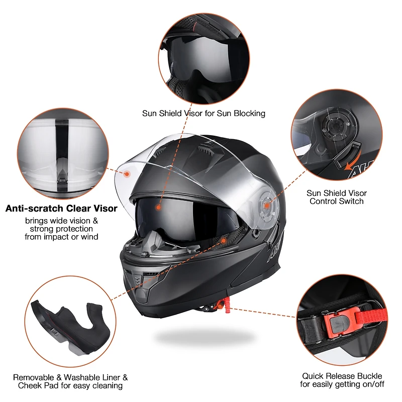 Ahr Run-M3 Modular Flip Up Helmet Full Face Dual Visor Dot Motorcycle Bike