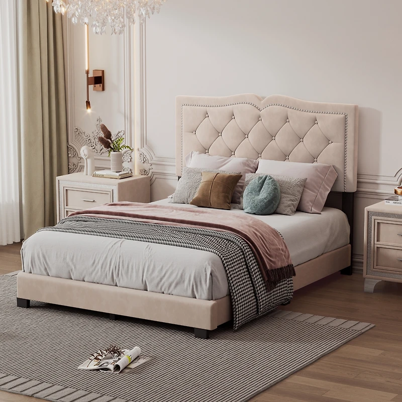 Streamdale Modern Gray Velvet Bed with Rivet Design & Tufted Headboard