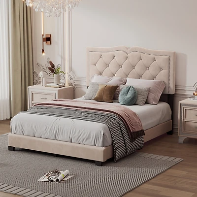 Streamdale Modern Gray Velvet Bed with Rivet Design & Tufted Headboard