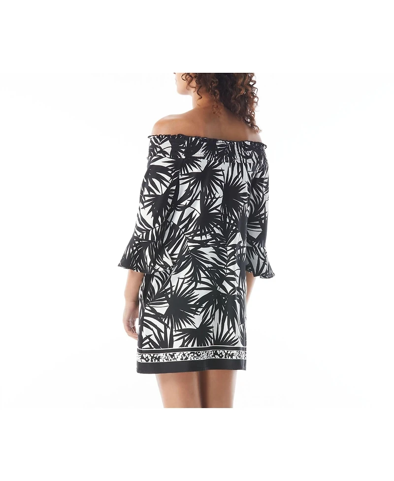 Beach House Style Palm Print Kelsea Smocked Off the Shoulder Dress