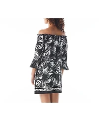 Beach House Style Palm Print Kelsea Smocked Off the Shoulder Dress