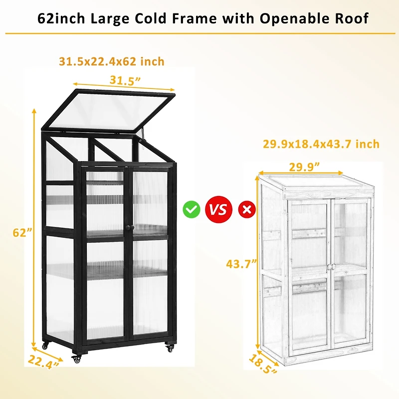 Streamdale 62" Wood Balcony Cold Frame with Wheels and Shelves