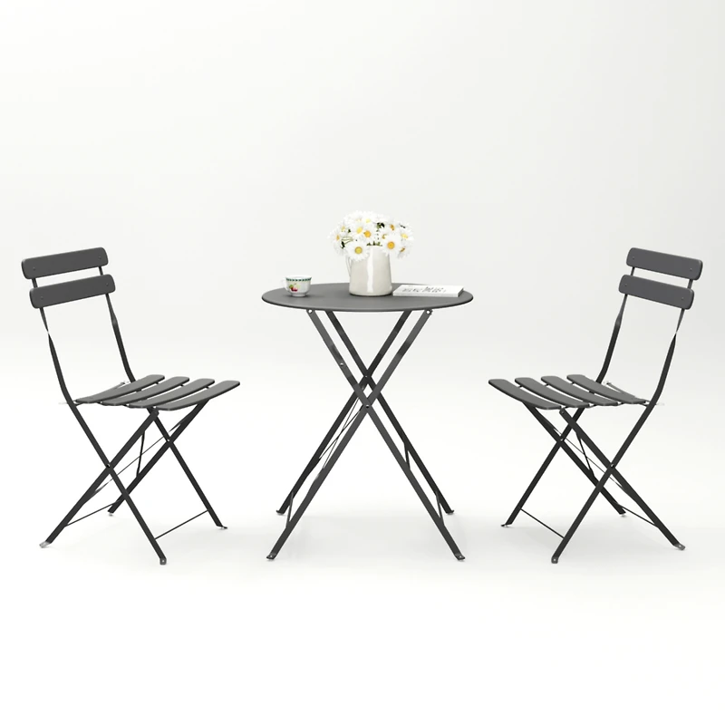 Simplie Fun 3 Pieces Patio Bistro Balcony Metail Chair Table Set-Gray