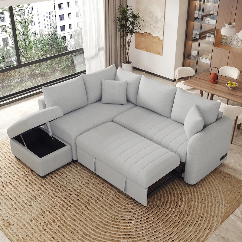 Simplie Fun Versatile L-Shaped Sofa Bed with Usb Ports, Movable Ottoman, & Pull-Out