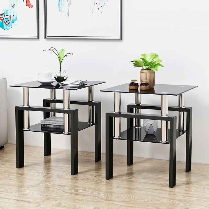 Simplie Fun Modern Black Tempered Glass End Tables