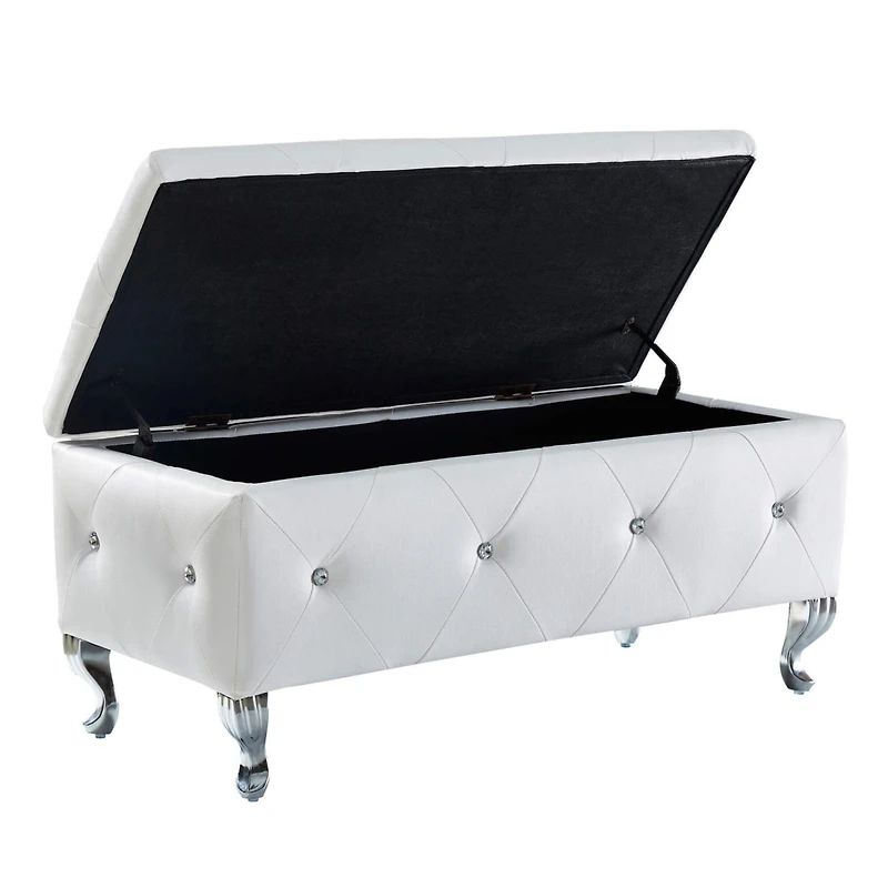 White Faux Leather Ottoman with Crystal Buttons