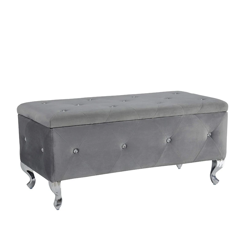 Streamdale Grey Tufted Storage Ottoman Bench With Crystal Buttons